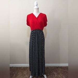 Long red and black polka dot dress